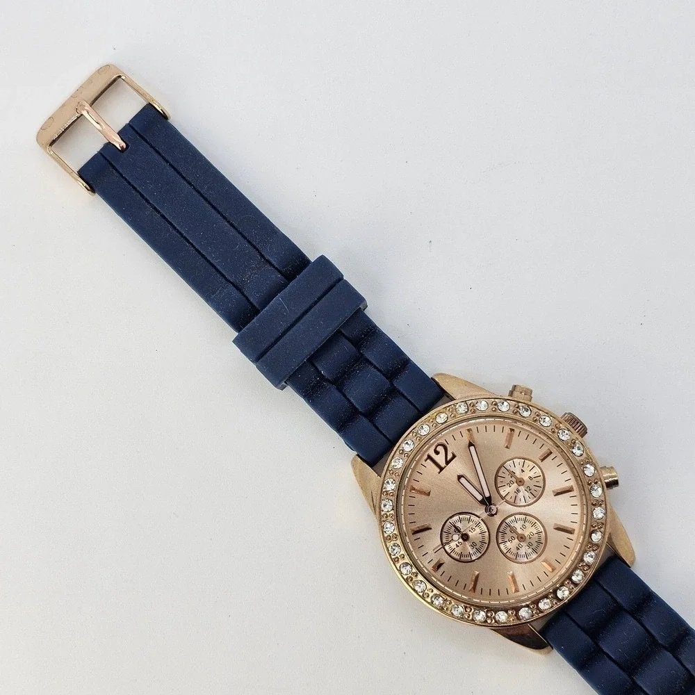 Women's Watch 38MM‎ Rose Gold Dial Crystal Bezel Blue Plastic Bands New Battery